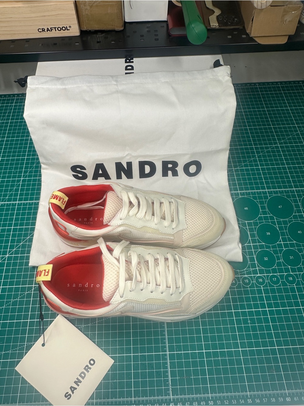 Sandro Flame White Sneakers with Red Lining and Yellow Pull Tab - Picture 9 of 15